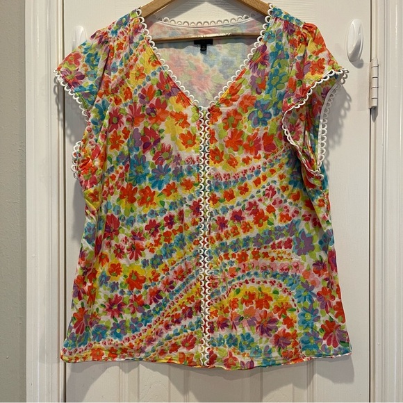 Talbots Blouse Women’s XL Rainbow Floral Embroidered Trim Cotton Happy Bohemian - Picture 2 of 10